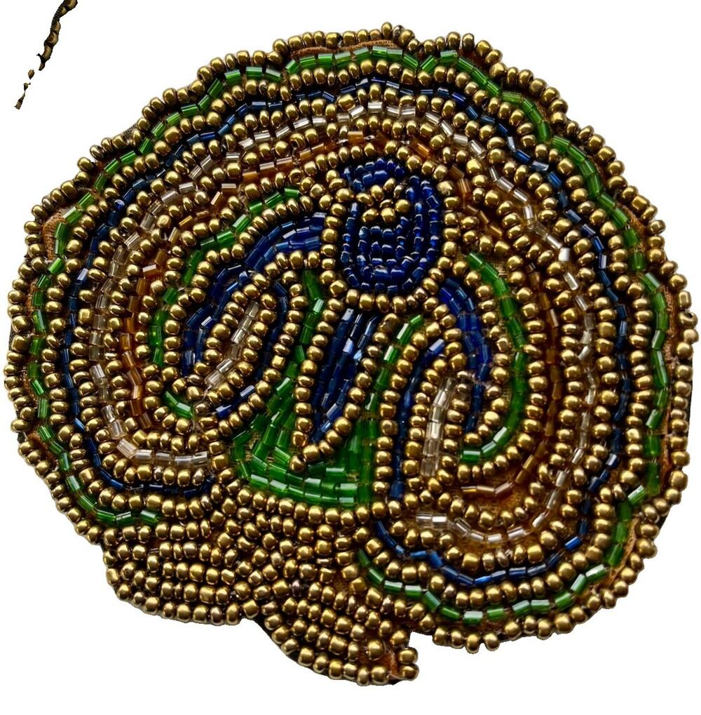 VTG Silk back Beaded Peacock Coasters Set of 5 Retro Art deco Blue Green Gold
